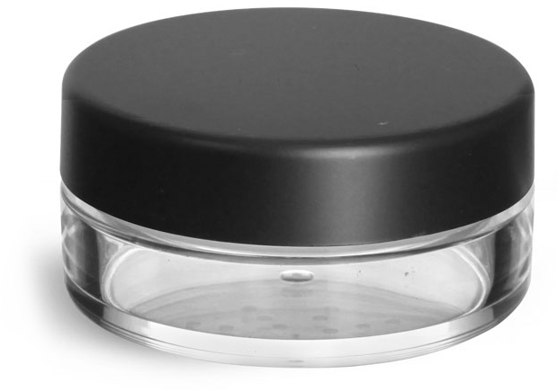20 ml Clear Styrene Jars with Natural Sifters and Matte Black Lined Caps