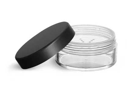 Plastic Jars, Clear Polystyrene Jars with Natural Sifters and Matte Black Lined Caps