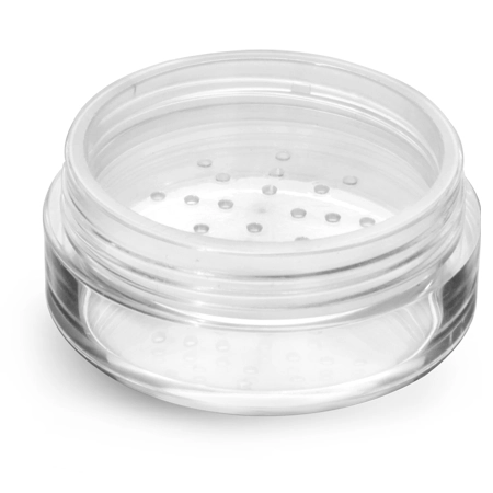 Plastic Jars, Clear Polystyrene Jars with Natural Sifters and Matte Black Lined Caps