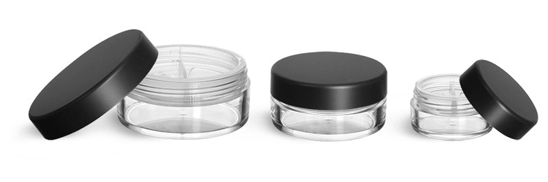 Plastic Jars, Clear Polystyrene Jars with Natural Double Sifters and Matte Black Lined Caps