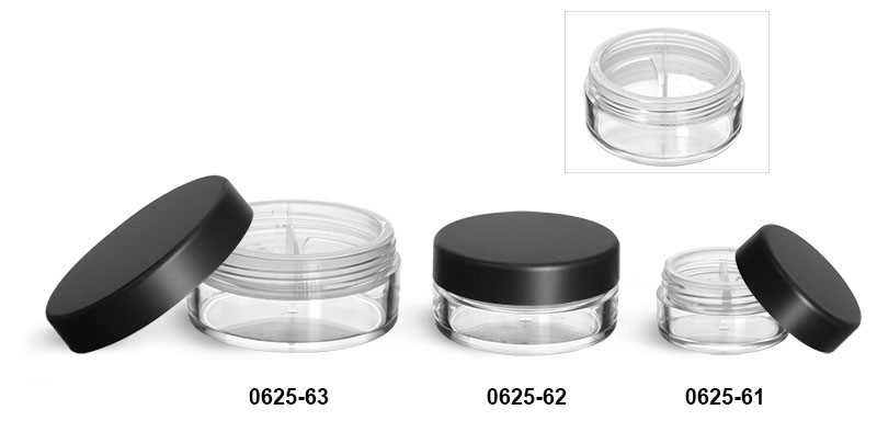 Plastic Jars, Clear Polystyrene Jars w/ Natural Double Sifters & Matte Black Lined Caps