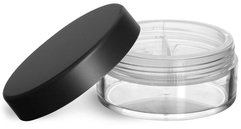 45 ml Clear Styrene Jars with Natural Double Sifters and Matte Black Lined Caps
