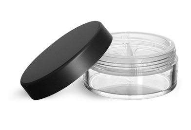 Plastic Jars, Clear Polystyrene Jars with Natural Double Sifters and Matte Black Lined Caps