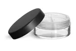 Plastic Jars, Clear Polystyrene Jars with Natural Double Sifters and Matte Black Lined Caps