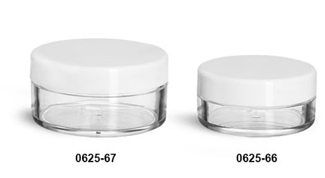 Plastic Jars, Clear Polystyrene Jars w/ White Smooth Lined Caps