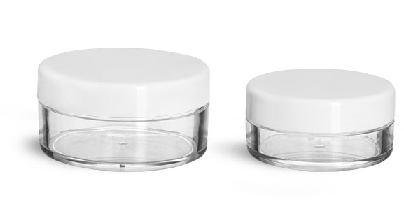 Plastic Jars, Clear Polystyrene Jars w/ White Smooth Lined Caps