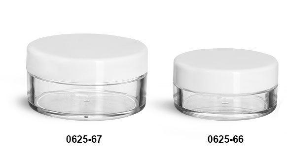 Plastic Jars, Clear Polystyrene Jars w/ White Smooth Lined Caps