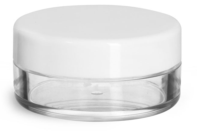 20 ml Plastic Jars, Clear Styrene Jars w/ White Smooth Lined Caps