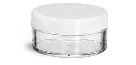 Plastic Jars, Clear Polystyrene Jars w/ White Smooth Lined Caps
