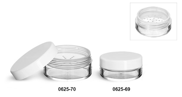 Plastic Jars, Clear Polystyrene Jars w/ Natural Sifters and Smooth White Caps