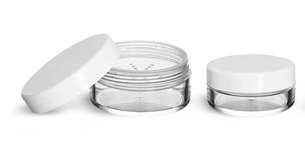 Plastic Jars, Clear Polystyrene Jars w/ Natural Sifters and Smooth White Caps