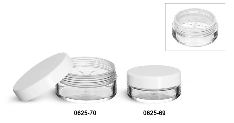 Plastic Jars, Clear Polystyrene Jars w/ Natural Sifters and Smooth White Caps