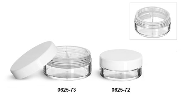Plastic Jars, Clear Polystyrene Jars w/ Natural Double Sifters and Smooth White Caps