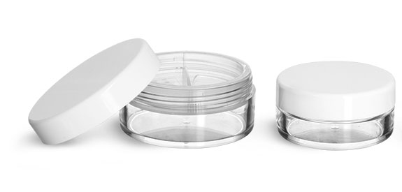 Plastic Jars, Clear Polystyrene Jars w/ Natural Double Sifters and Smooth White Caps