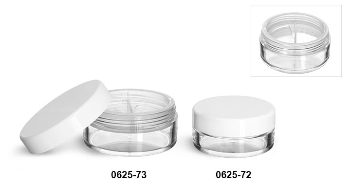 Plastic Jars, Clear Polystyrene Jars w/ Natural Double Sifters and Smooth White Caps