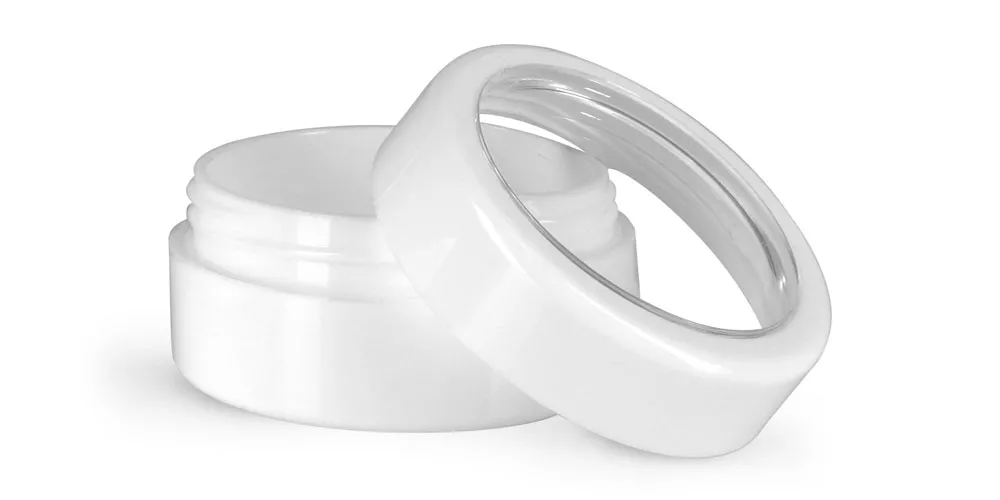 1/4 oz Plastic Jars, White ABS Cosmetic Jars w/ White Caps & Clear Windows