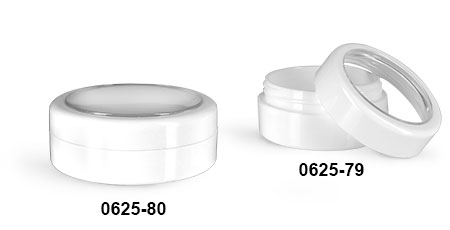 Plastic Jars, White ABS Cosmetic Jars w/ White Caps & Clear Windows
