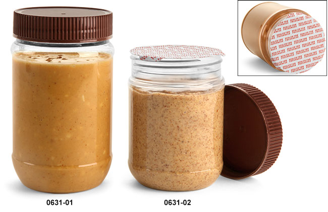 Plastic Jars, Clear PET Peanut Butter Jars w/ Brown Ribbed Induction Lined Caps