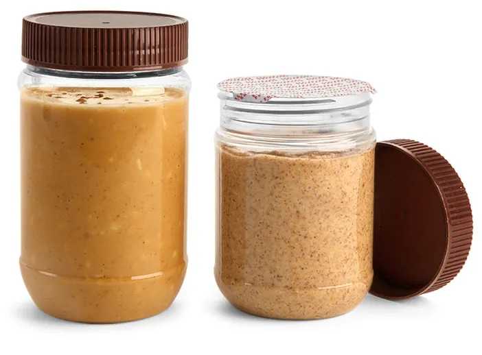 PET Plastic Jars, Clear Peanut Butter Jars w/ Brown Ribbed Induction Lined Caps