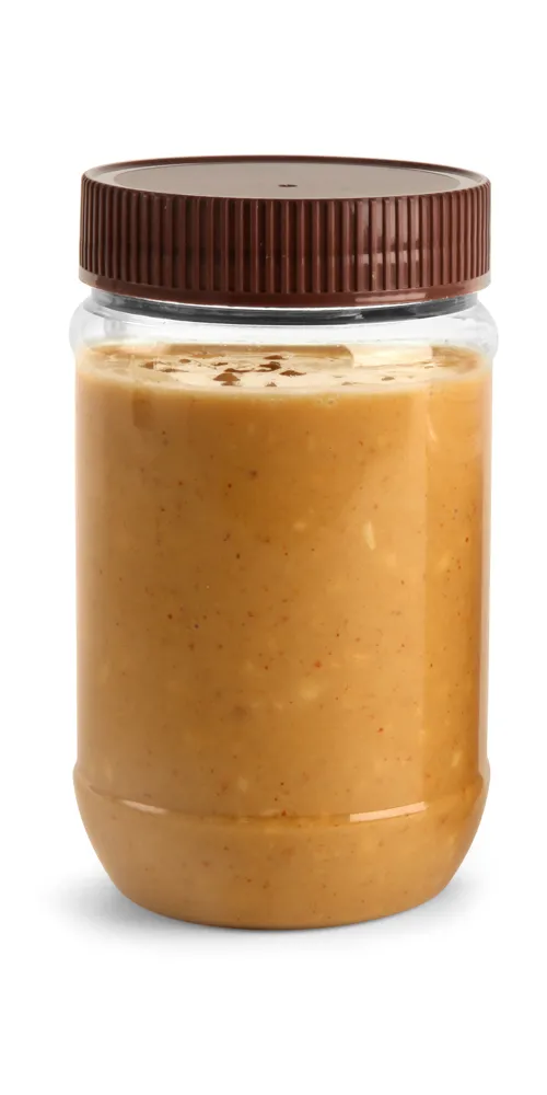 17 oz Clear PET Peanut Butter Jars w/ Brown Ribbed Lined Caps
