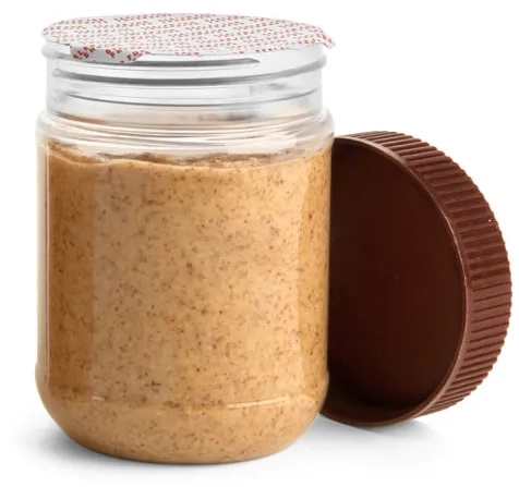 12 oz Clear PET Peanut Butter Jars w/ Brown Ribbed Lined Caps