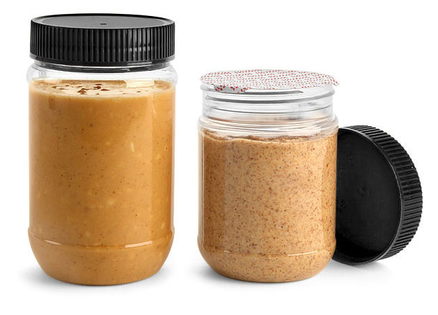PET Plastic Jars, Clear Peanut Butter Jars w/ Black Ribbed Induction Lined Caps