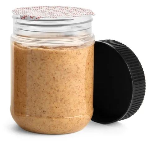 12 oz Clear PET Peanut Butter Jars w/ Black Ribbed Lined Caps