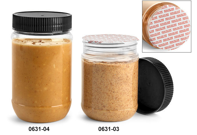 Plastic Jars, Clear PET Peanut Butter Jars w/ Black Ribbed Induction Lined Caps