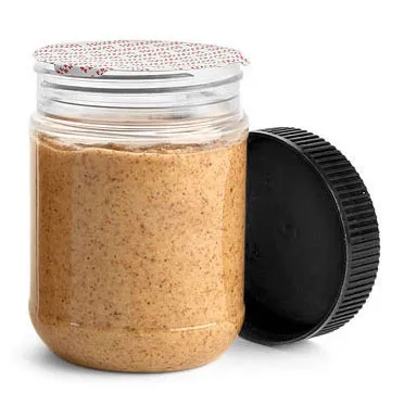 PET Plastic Jars, Clear Peanut Butter Jars w/ Black Ribbed Induction Lined Caps