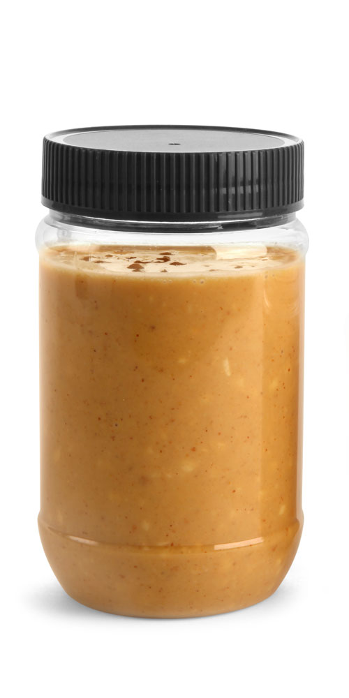 SKS Bottle & Packaging 17 oz Clear PET Peanut Butter Jars w/ Black Ribbed Lined Caps