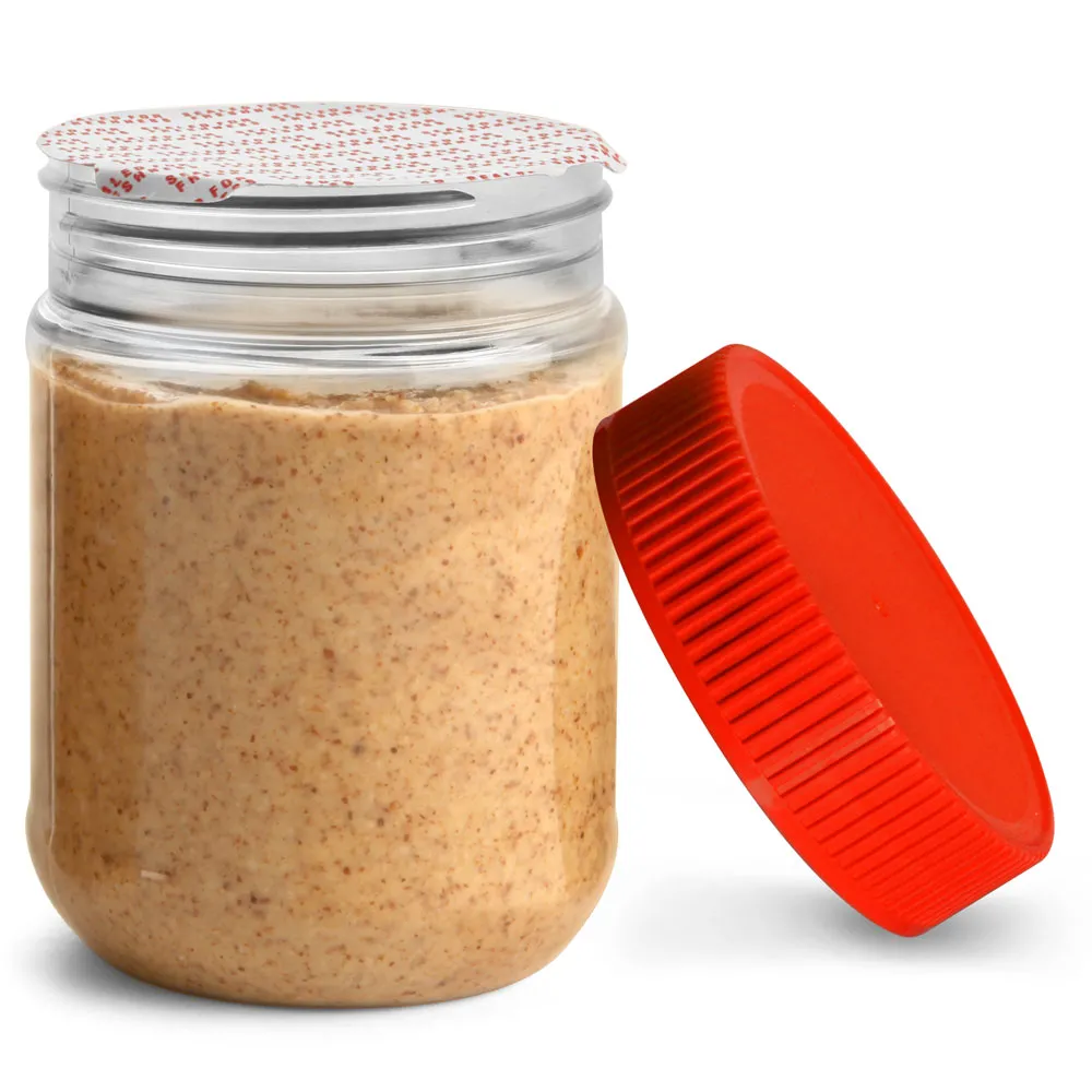 12 oz Plastic Jars, Clear PET Peanut Butter Jars w/ Red Ribbed Induction Lined Caps