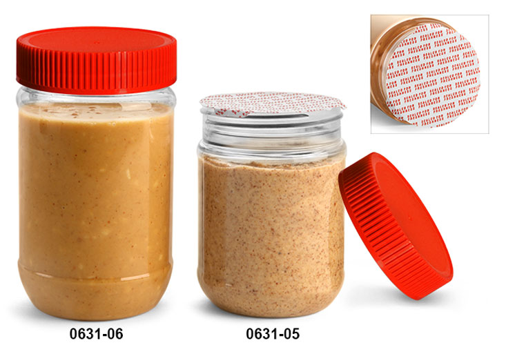 SKS Bottle & Packaging Plastic Jars, Clear PET Peanut Butter Jars w/ Red Ribbed Induction