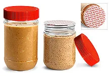 Plastic Jars, Clear PET Peanut Butter Jars w/ Red Ribbed Induction Lined Caps