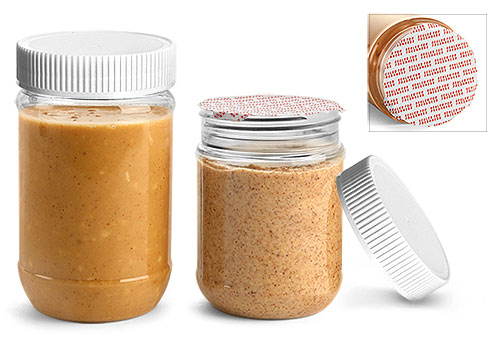 Plastic Jars, Clear PET Peanut Butter Jars w/ White Ribbed Induction Lined Caps