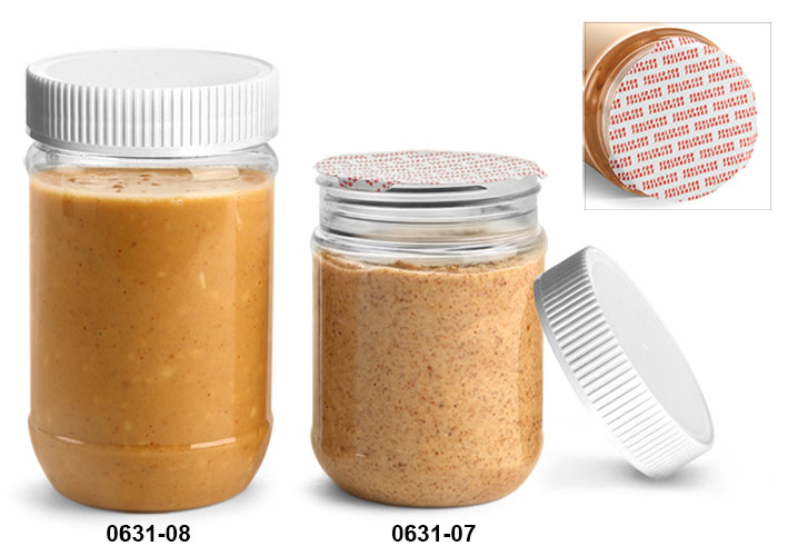 Plastic Jars, Clear PET Peanut Butter Jars w/ White Ribbed Induction Lined Caps