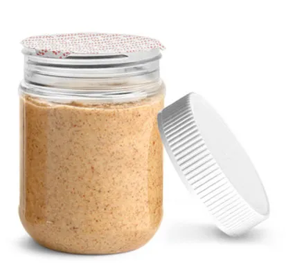 12 Clear Peanut Butter Jars w/ White Ribbed Induction Lined Caps