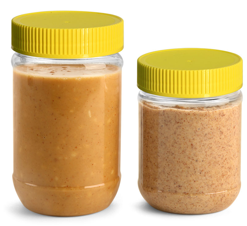 PET Plastic Jars, Clear Peanut Butter Jars w/ Yellow Ribbed Induction Lined Caps