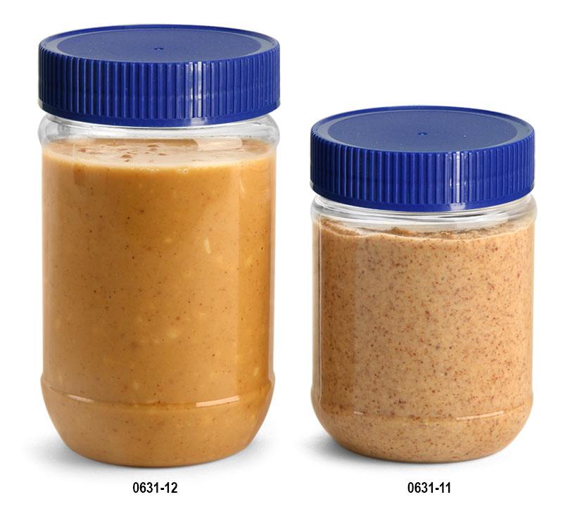 Plastic Jars, Clear PET Peanut Butter Jars w/ Blue Ribbed Induction Lined Caps