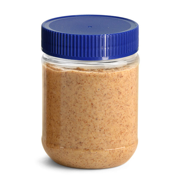 Plastic Jars, Clear PET Peanut Butter Jars w/ Blue Ribbed Induction Lined Caps