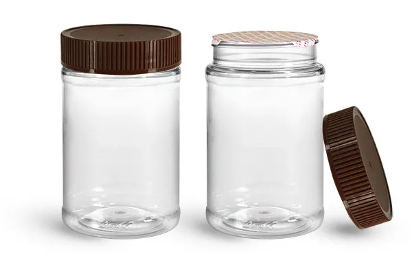 PET Plastic Jars, Clear Food Jars w/ Brown Ribbed Induction Lined Caps