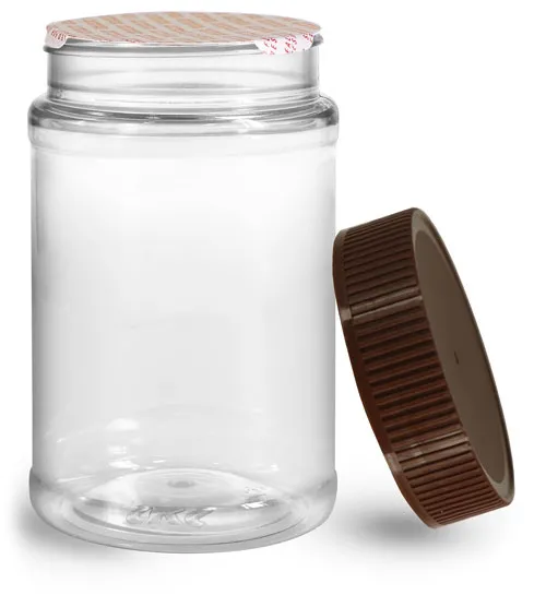 16 oz Clear PET Food Jars w/ Brown Ribbed Induction Lined Caps