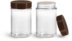 PET Plastic Jars, Clear Food Jars w/ Brown Ribbed Induction Lined Caps