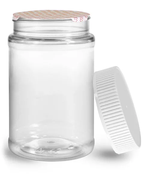 16 oz Plastic Jars, 16 oz Clear PET Round Jar w/ White Ribbed Induction Lined Caps