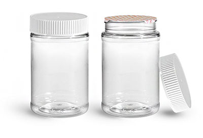 Food Jars, 16 oz Clear PET Plastic Jars w/ White Ribbed Induction Lined Caps