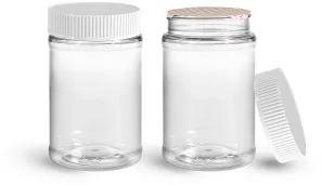 PET Plastic Jars, Clear Food Jars w/ White Ribbed Induction Lined Caps