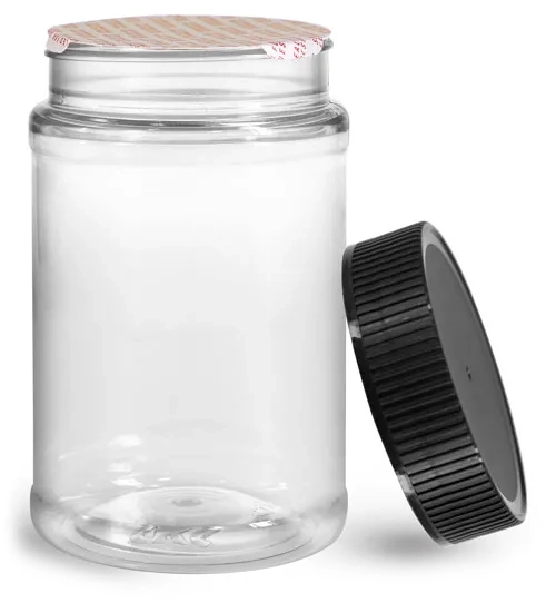16 oz Plastic Jars, 16 oz Clear PET Round Jar w/ Black Ribbed Induction Lined Caps
