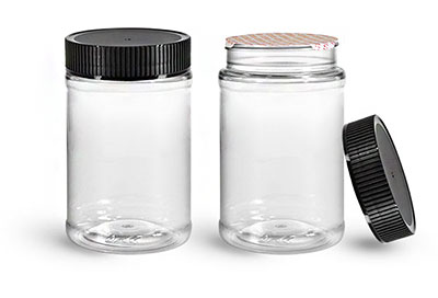 Food Jars, 16 oz Clear PET Plastic Jars w/ Black Ribbed Induction Lined Caps