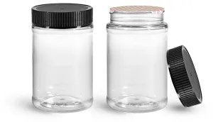 PET Plastic Jars, Clear Food Jars w/ Black Ribbed Induction Lined Caps