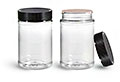 16 oz Clear PET Peanut Butter Jars w/ Black Ribbed Induction Lined Caps