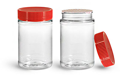 Food Jars, 16 oz Clear PET Plastic Jars w/ Red Ribbed Induction Lined Caps